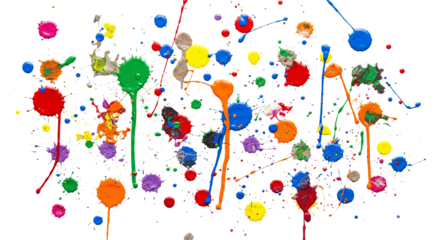 Colorful paint splatters are scattered across a stark surface creating an abstract composition.