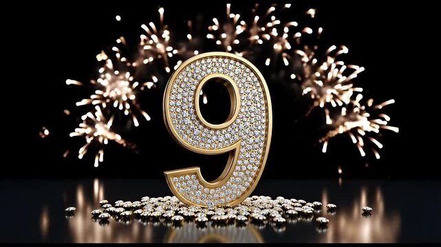 A diamond-encrusted number nine with celebratory fireworks in the background, marking a ninth anniversary or milestone.
