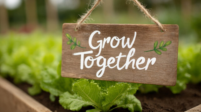 Community garden celebration with "grow together" sign among lush greenery