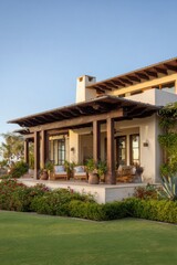 Fototapeta premium A tranquil scene of a contemporary villa featuring a generous porch, surrounded by vibrant, lush gardens, basking in the warm glow of the early evening sun