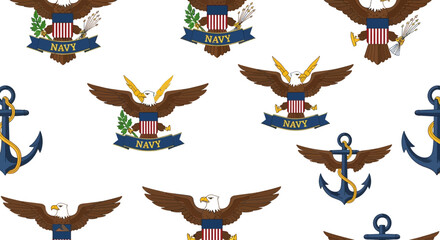 A repeating pattern of United States Navy emblems, featuring eagles with shields and anchors with ropes.