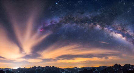 A breathtaking panoramic view of the night sky featuring the Milky Way galaxy arching above mountain silhouettes, illuminated clouds, and countless stars, capturing the wonder and vastness of the univ
