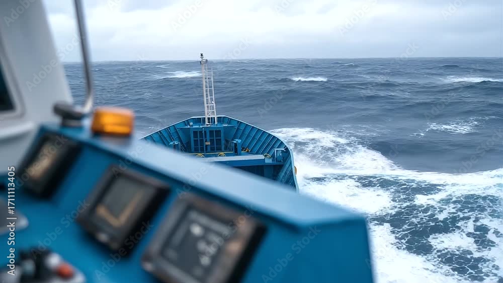 Poster container ship navigating through massive storm swells with cargo containers secured by heavy duty s