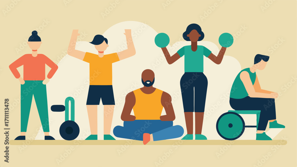 Poster fitness class a group fitness class where instructors offer modifications for varying abilities demo