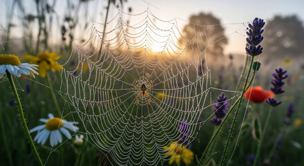 Spiderweb Dewdrops in Meadow at Sunrise with Wildflowers and Nature Background