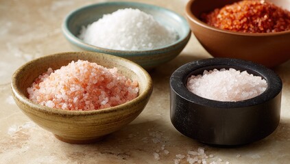 Collection of artisanal salts in rustic bowls for culinary use.