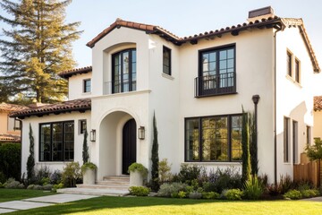 Modern Mediterranean style house with lush landscaping near a calm neighborhood in sunny weather showcasing elegant architecture and vibrant greenery