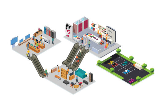Isometric of the Interior of a Shopping Mall Vector Illustration