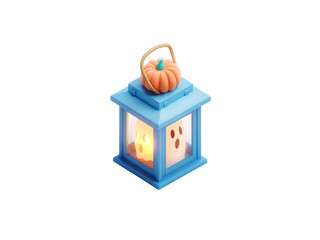 3d halloween lantern with ghost and pumpkin decoration in png style glowing softly with warm light