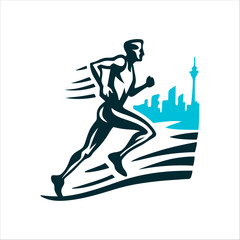 Abstract Marathon Runner with City Skyline Vector berlin marathon runner mid stride abstracted