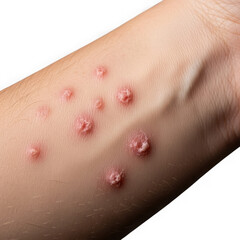 Fototapeta premium Closeup of a human arm showing multiple red, raised, and scabby lesions, indicative of a skin condition like monkeypox, isolated on a transparent background