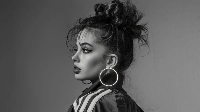 A chic, fashion-forward portrait of a stylish singer with dramatic lighting and contemporary jewelry. The  captures the essence of the music genre vibe.