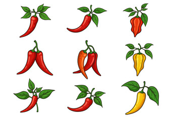 Assorted Cartoon Chili Peppers with Leaves Red Orange and Yellow.