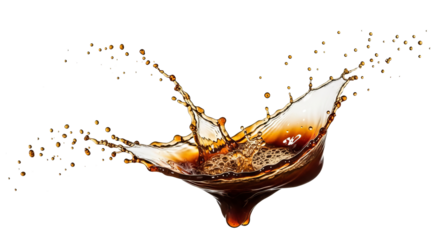 Liquid splashes powerfully in midair with dispersed droplets against a stark isolated background.