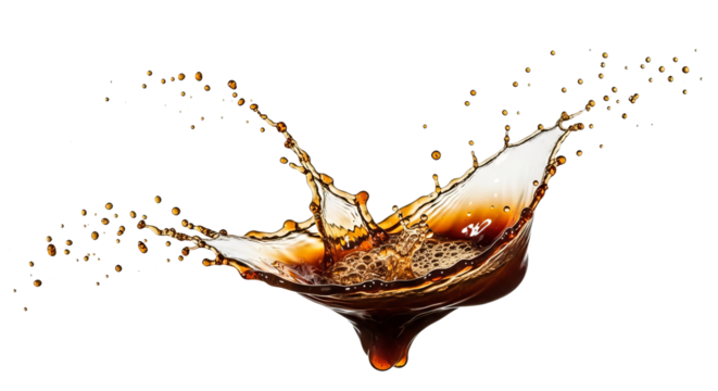 Liquid splashes powerfully in midair with dispersed droplets against a stark isolated background.