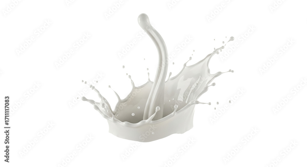 Poster milk is splashing and creating droplets against a stark isolated background, forming a dynamic abstr