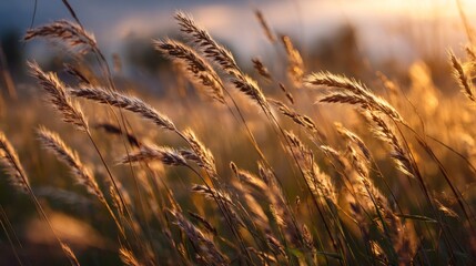 Fototapeta premium Golden grass field sunset
