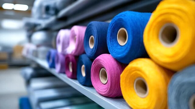 Textile warehouse with fabric rolls organized by color and material type automated inventory systems and quality control stations supporting fashion and manufacturing supply chain