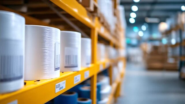 Paper products warehouse with rolls and sheets organized by grade and weight specifications moisture control systems and fire prevention equipment supporting printing and