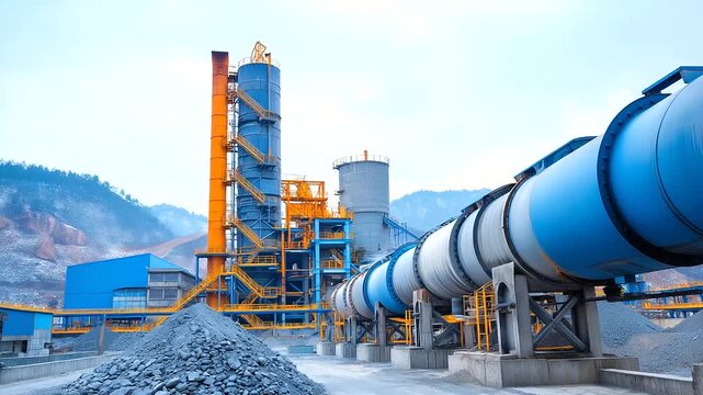 Cement manufacturing plant with rotary kilns and limestone processing equipment high temperature operations and dust control systems managing raw material transformation in heavy