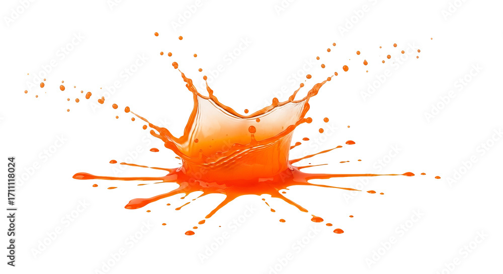 Poster orange liquid splashes upward and outward in a dynamic crown shape against a stark isolated backgrou