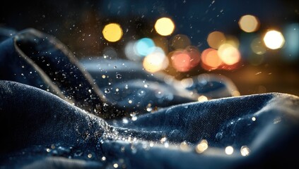 Dark textured fabric with falling water droplets and blurred bokeh lights.