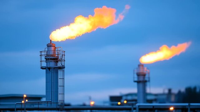 Natural gas processing facility with flare stacks burning excess gases against twilight sky complex piping systems and pressure vessels handling hydrocarbon separation and