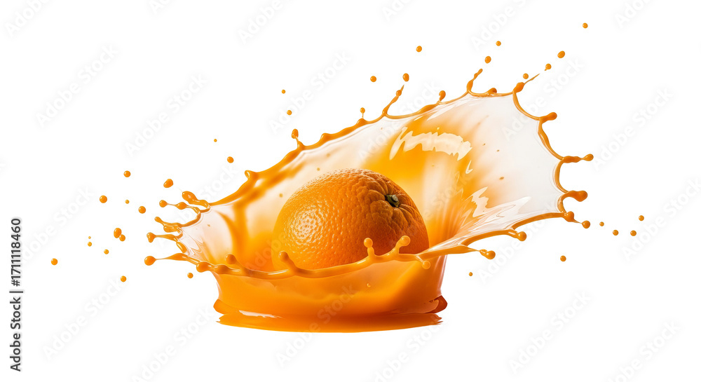 Poster orange splashes dramatically into orange juice against a stark isolated background, creating dynamic