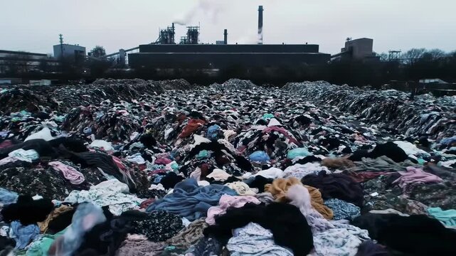 Environmental disaster of the fast fashion industry shown by a massive clothing landfill and factory pollution