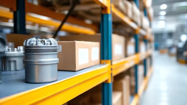 Automotive parts warehouse with organized steel shelving systems containing engine components and manufacturing supplies just in time inventory management supporting vehicle