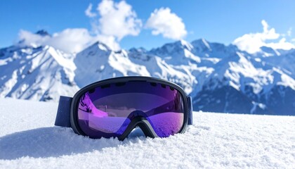 Ski goggles with purple lenses resting on snow with mountains in the background