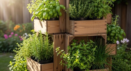 Wooden herb garden, tiered planter boxes filled with various fresh herbs