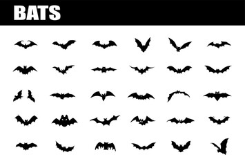 Black bat silhouettes. Halloween flying bats collection. animal cartoon icon.