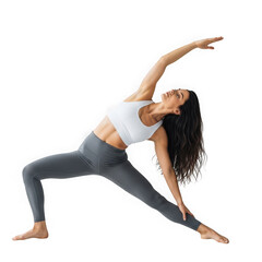 Woman practicing yoga in extended side angle pose, isolated on transparent background
