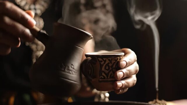 Close up Ethiopian woman serving coffee incense smoke cinematic UHD handheld African cultural lifestyle stock video. portrait ethiopia female offering beverage aroma filmic