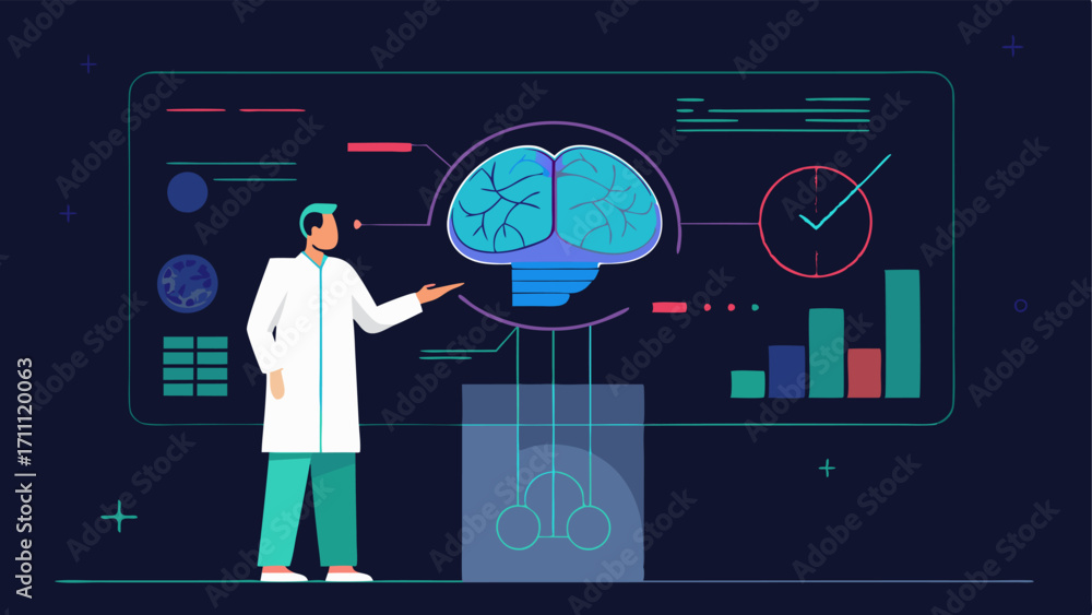 Poster brain scan display a healthcare professional analyzing a holographic brain scan with various highlig