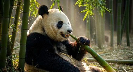 Obraz premium Giant Panda Eating Bamboo in Forest