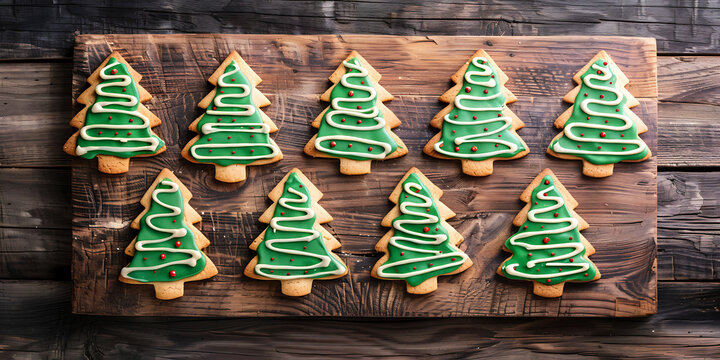 Festive green frosted Christmas tree cookies arranged on a rustic wooden board, perfect for holiday celebrations.