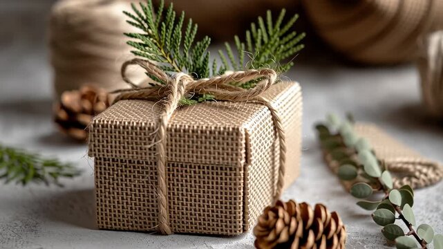 Rustic Christmas gift packages wrapped in burlap, embellished with jute twine and evergreen sprigs, nestled alongside pine cones and eucalyptus on neutral surface