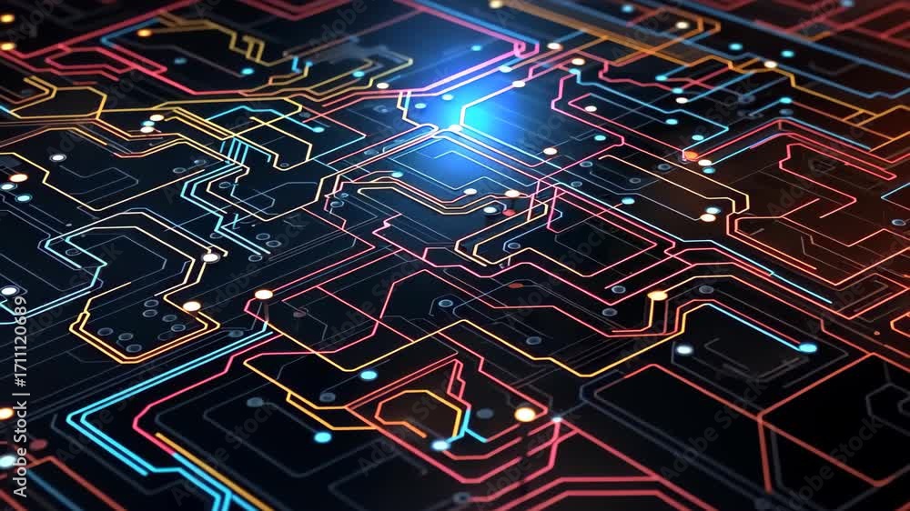 Poster intricate electronic circuitry: a mesmerizing overhead shot reveals the complex pathways of an elect