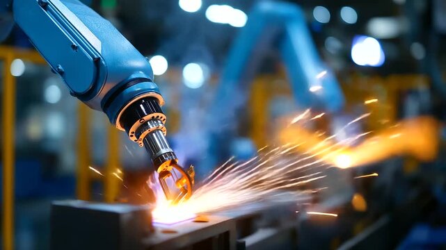 Robotic welding arms performing precision assembly operations with sparks flying from metal fabrication automated manufacturing cells with safety barriers and quality control sens