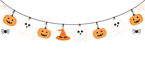 Halloween garland featuring cheerful ghosts, pumpkins and witch hats isolated on transparent background