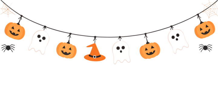 Halloween garland featuring cheerful ghosts, pumpkins and witch hats isolated on transparent background