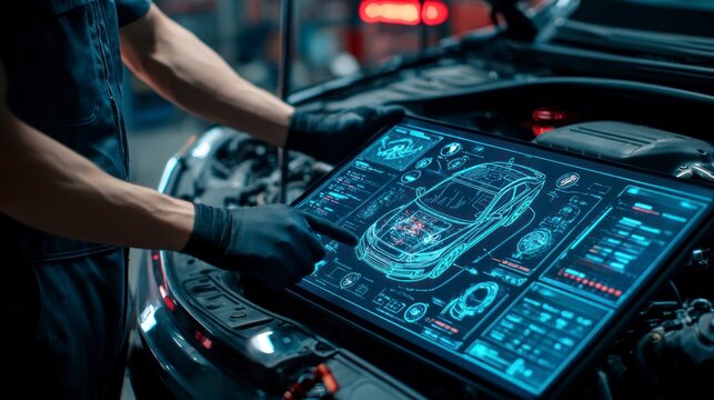 Mechanic diagnosing car engine