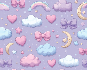 Pastelowy, bezszwowy wzór w stylu kawaii z kokardką, chmurkami i gwiazdami