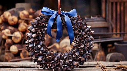 Rustic Wreath Embellishment: A handmade wreath adorned with natural elements and an elegant blue ribbon. A rustic scene filled with a festive touch of decoration and design. - Powered by Adobe