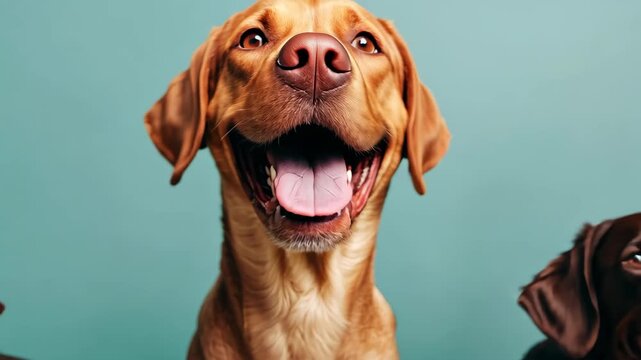 Smiling dog in studio: Capturing an exuberant close-up of a dog's joyous smile against a clean studio backdrop, evoking warmth, happiness, and a feeling of unconditional friendship. 