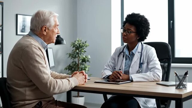 Elderly consulting doctor heart condition cinematic UHD medical lifestyle stock footage. senior patient checkup physician consultation cardiac ailment ultra high