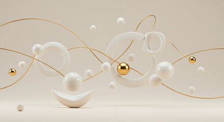 Obraz premium Abstract Spheres and Rings on Beige Background with Golden Lines