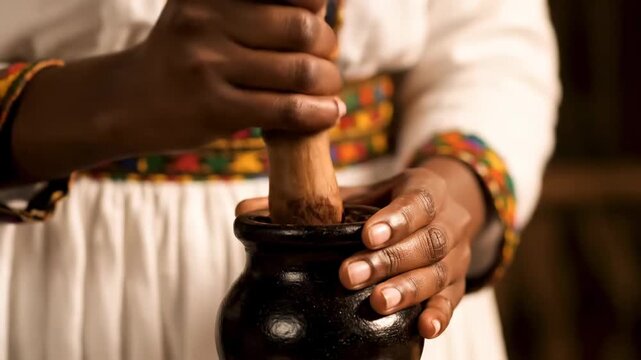 Ethiopian barista grinding beans traditional coffee ceremony cinematic UHD authentic African lifestyle stock footage. ethiopian coffee maker milling grain age old rite real